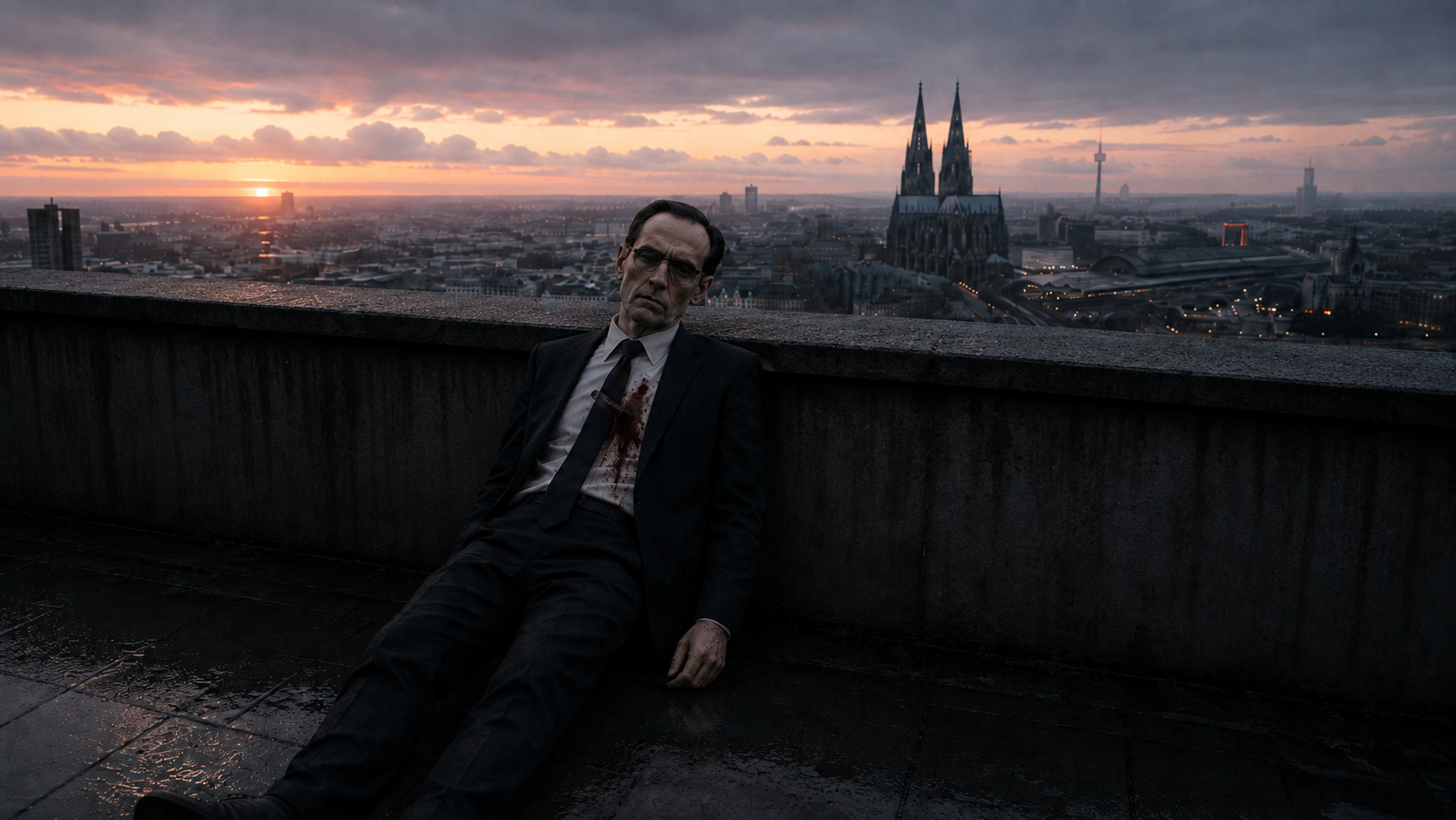 Dr. Elias Roth auf dem Dach des Triangle, an die Brüstung gelehnt, während die Sonne über Köln aufgeht